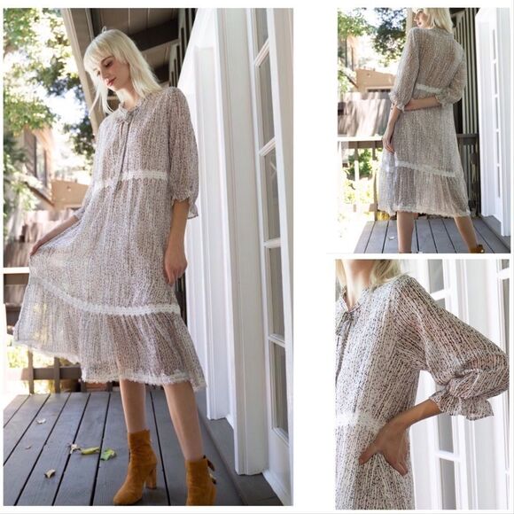 COTTAGE Core  A Shape  Lace Trimmed Dress w/ 3/4 Sleeves - Picture 1 of 16